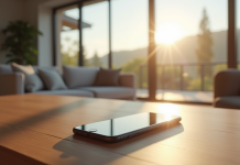 Salon moderne avec smartphone affichant apps domotique
