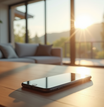 Salon moderne avec smartphone affichant apps domotique
