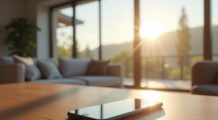 Salon moderne avec smartphone affichant apps domotique