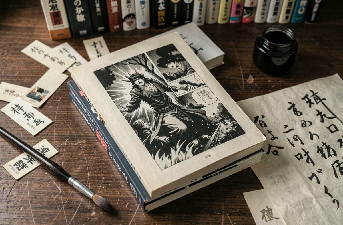 Pose à plat de volumes de manga japonais ouverts sur un bureau en bois sombre avec pinceau et calligraphie, illustrant la sortie du scan VF tome 10