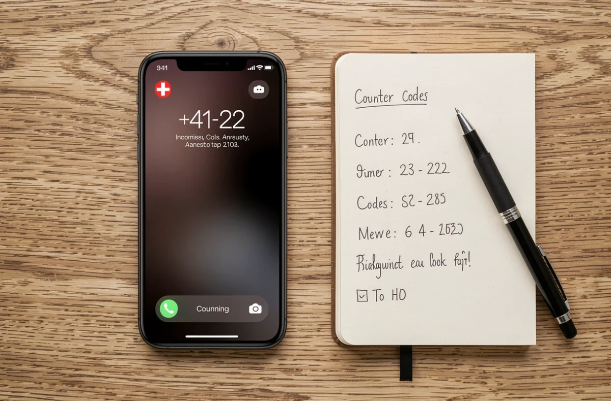 Smartphone affichant un appel entrant avec l'indicatif pays +41 de la Suisse posé sur une table en bois