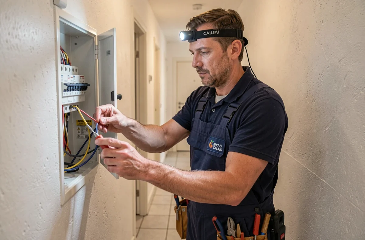 Technicien de Sofelec Calais travaillant sur un tableau de fusibles dans un couloir d'appartement