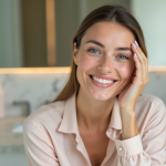 Améliorer l’apparence du visage : astuces beauté efficaces Femme appliquant une creme visage dans une salle de bain élégante