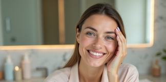 Femme appliquant une creme visage dans une salle de bain élégante