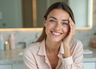 Femme appliquant une creme visage dans une salle de bain élégante