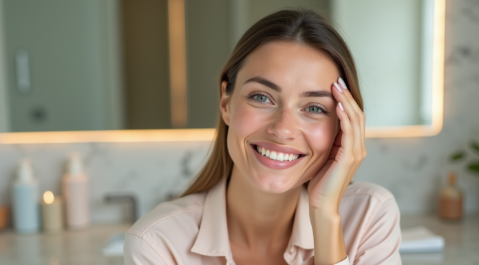 Améliorer l’apparence du visage : astuces beauté efficaces Femme appliquant une creme visage dans une salle de bain élégante