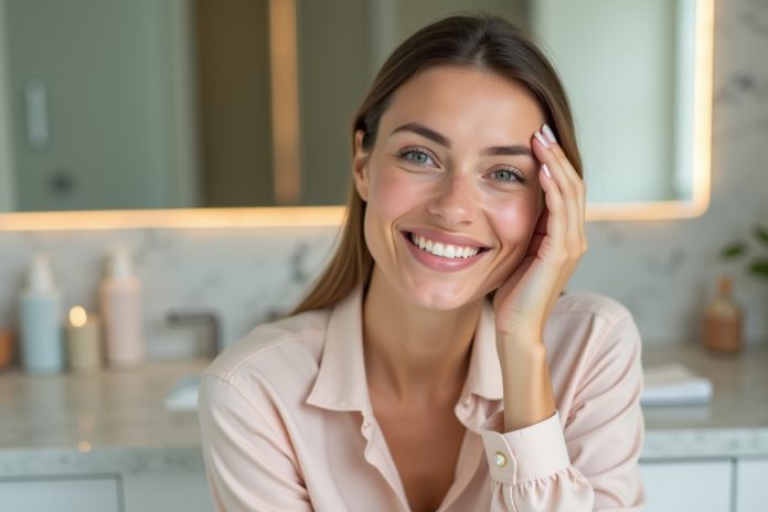 soins-visage-femme-naturel Femme appliquant une creme visage dans une salle de bain élégante