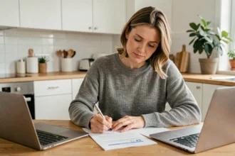 Femme signant un contrat d'assurance voiture rapidement à la maison sur une table en bois