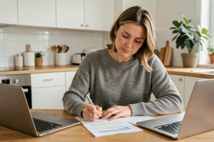 Femme signant un contrat d'assurance voiture rapidement à la maison sur une table en bois