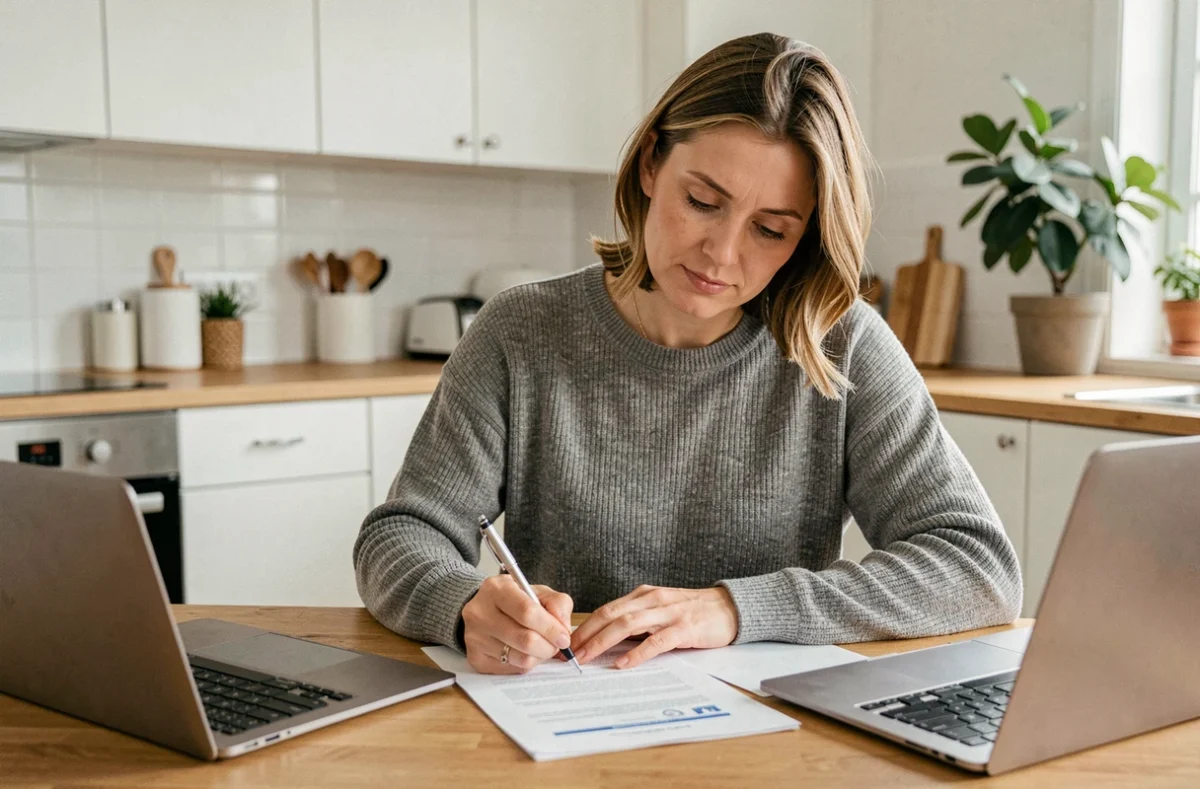 Femme signant un contrat d'assurance voiture rapidement à la maison sur une table en bois
