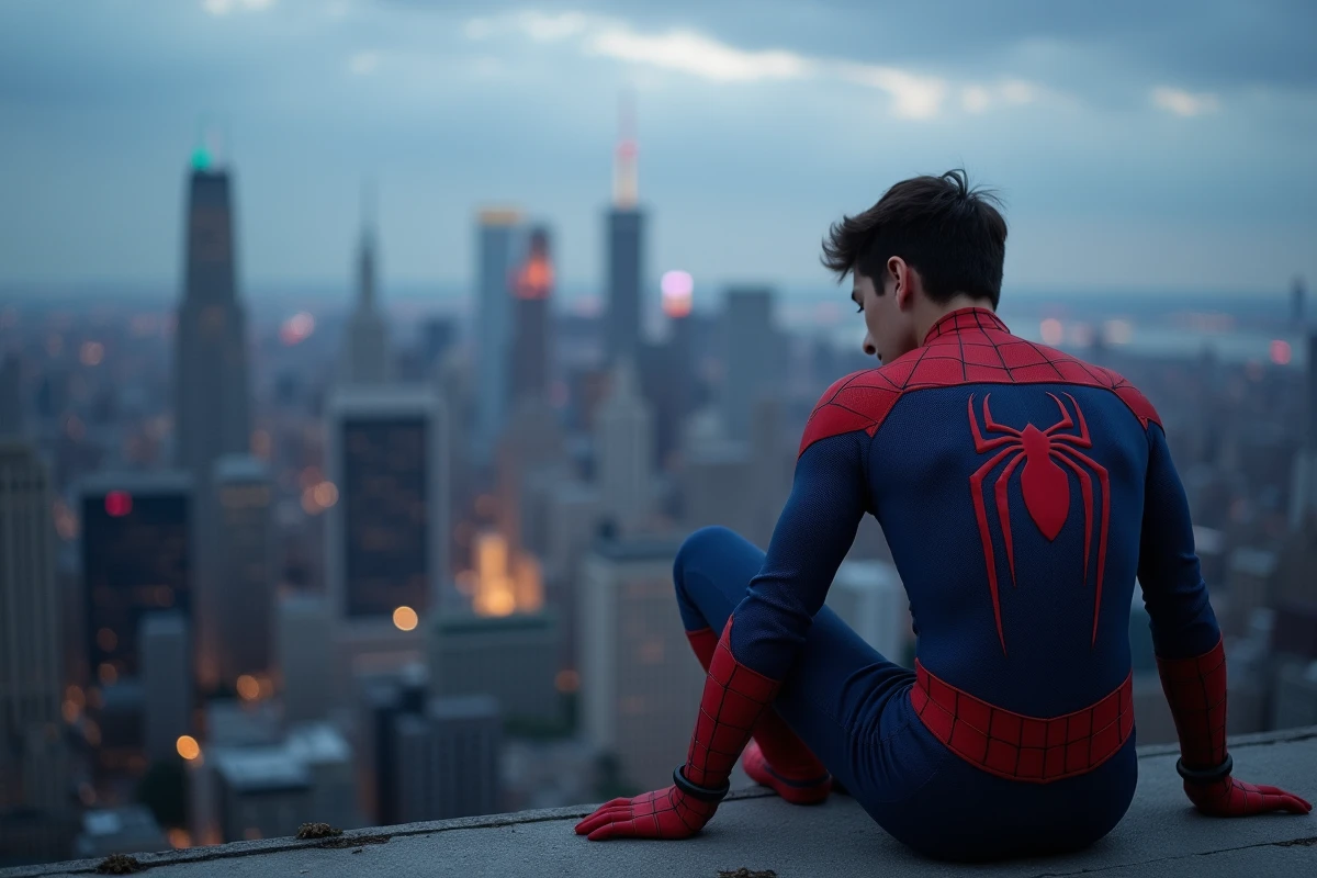 Spider-Man assis sur un toit en réflexion face à la ville, illustrant ses doutes et ses enjeux face aux Avengers