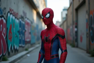Spider-Man en costume rouge et bleu dans une ruelle urbaine, seul face aux enjeux des Avengers