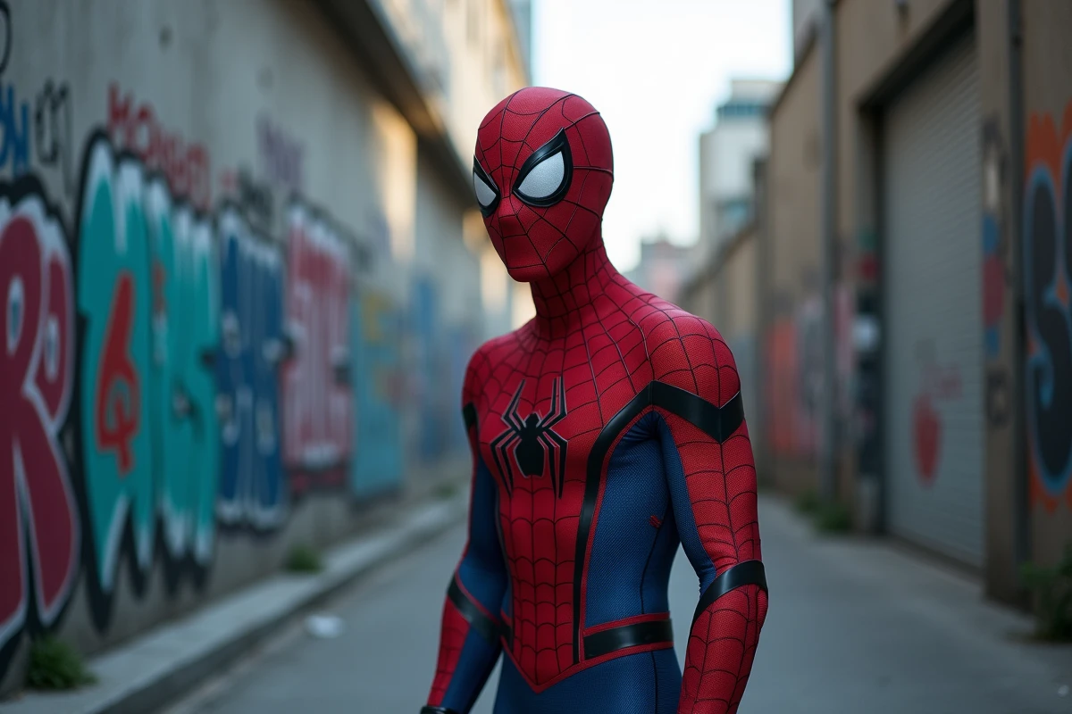 Spider-Man en costume rouge et bleu dans une ruelle urbaine, seul face aux enjeux des Avengers