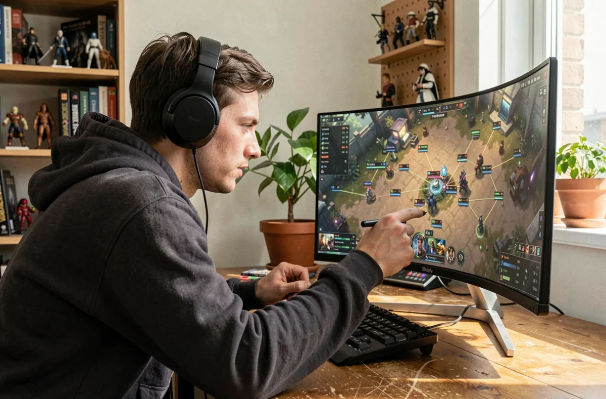 Joueur analysant une stratégie d'équipe sur un écran gaming pour maîtriser Game Aeonscope