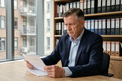 Syndic de copropriété examinant le règlement intérieur concernant les nuisances sonores nocturnes dans son bureau