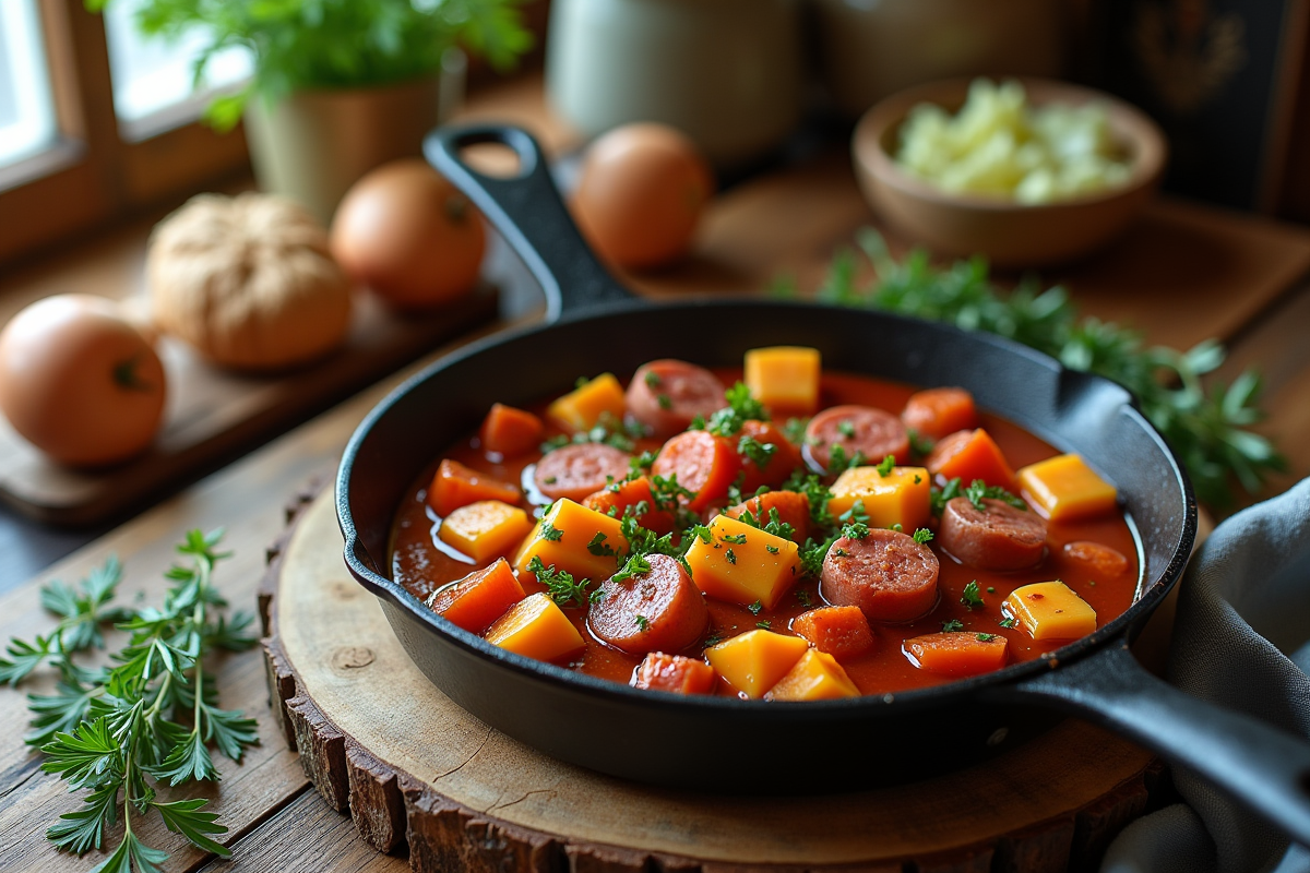 Table rustique avec cabillaud et chorizo en cocotte