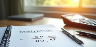 Bureau lumineux avec cahier de maths et calculatrice pour conversion miles km