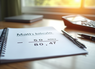 Bureau lumineux avec cahier de maths et calculatrice pour conversion miles km
