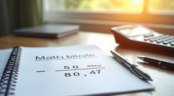Bureau lumineux avec cahier de maths et calculatrice pour conversion miles km