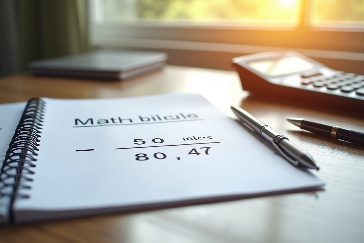Bureau lumineux avec cahier de maths et calculatrice pour conversion miles km