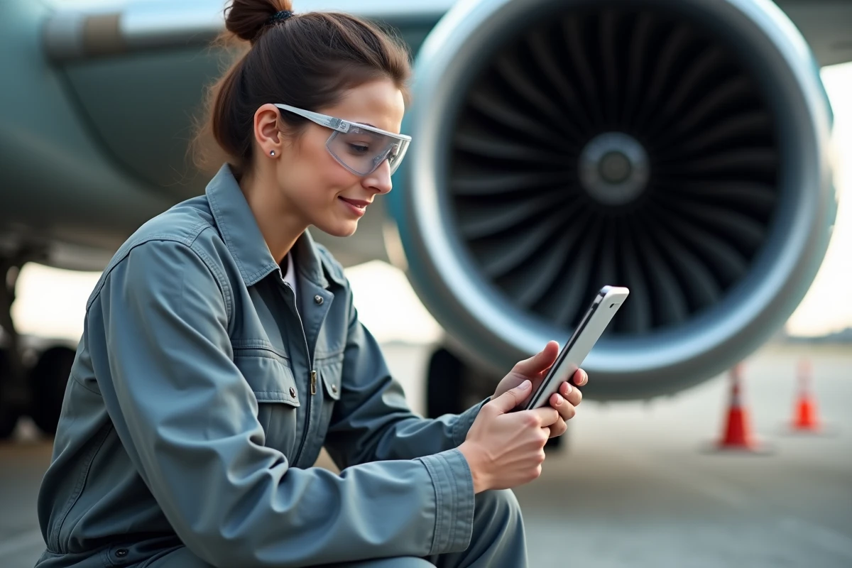 Technicienne en extérieur vérifiant un moteur d