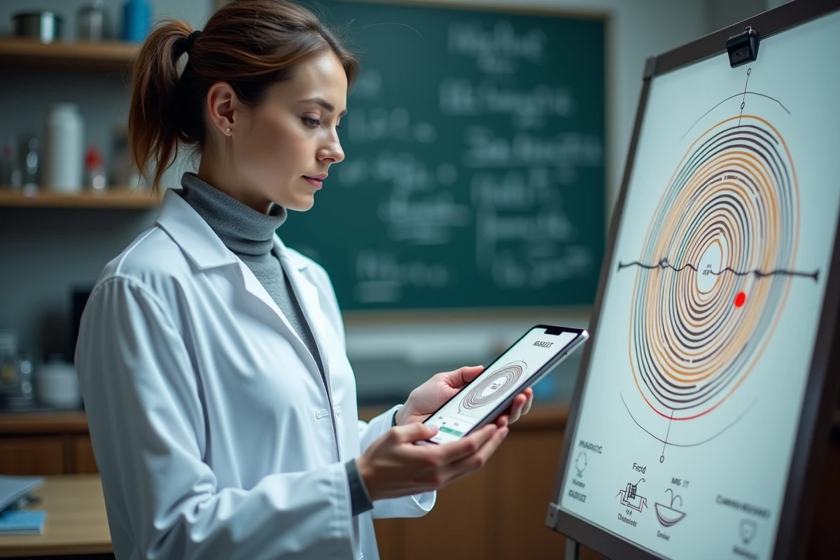 Technicienne en physique présentant un calculateur de champ magnétique sur tablette devant un poster illustrant les lignes de champ d'une bobine dans une salle de cours universitaire