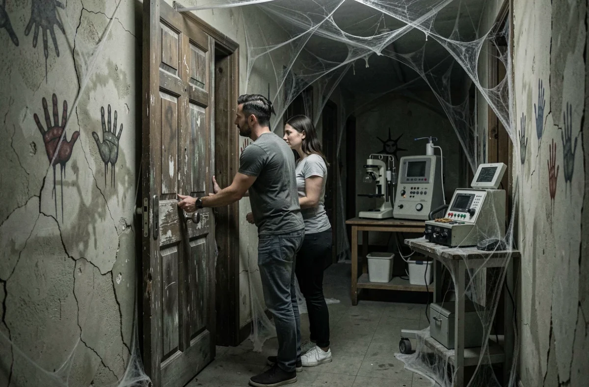 Deux joueurs hésitants franchissant une porte lugubre dans l'escape game horrifique The Nightmare à Chambray-lès-Tours