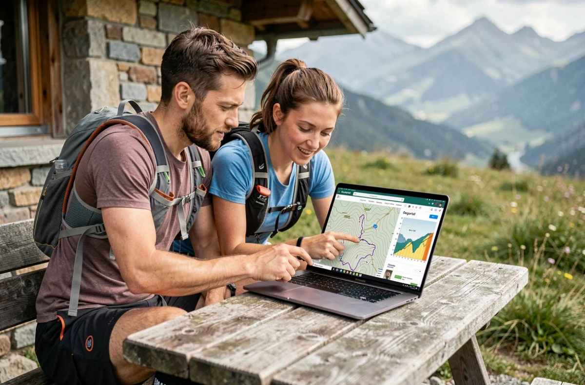 Deux traileurs planifiant leur parcours de trail sur le site Geoportail depuis un refuge de montagne avec carte topographique