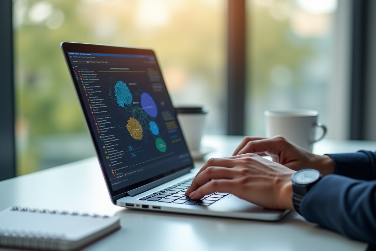 Mains tapant sur un ordinateur portable avec diagrammes AI et mots clés