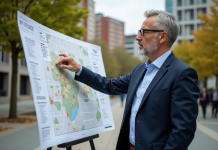 Urbaniste en ville avec carte de zonage en plein air