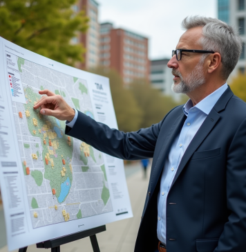 Zones constructibles : qui décide ? Quel organisme autorise la construction ? Urbaniste en ville avec carte de zonage en plein air