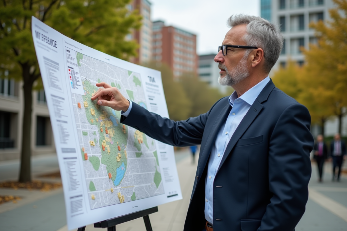 Urbaniste en ville avec carte de zonage en plein air