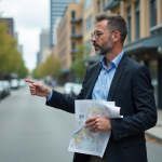 Terrain en zone urbaine : comment déterminer l’emplacement d’un bien ? Urbaniste pointant une carte dans un quartier urbain