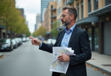 Urbaniste pointant une carte dans un quartier urbain