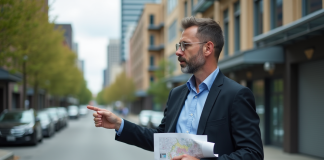 Urbaniste pointant une carte dans un quartier urbain