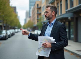 Terrain en zone urbaine : comment déterminer l’emplacement d’un bien ? Urbaniste pointant une carte dans un quartier urbain