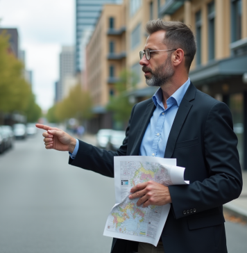 Urbaniste pointant une carte dans un quartier urbain