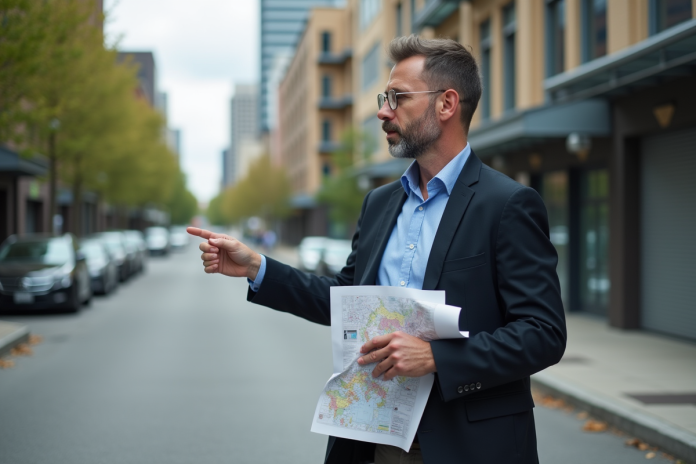 urbaniste-ville-carte Urbaniste pointant une carte dans un quartier urbain