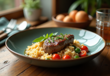 Veau blanquette présentée sur une table en bois rustique