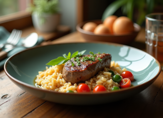 Veau blanquette présentée sur une table en bois rustique