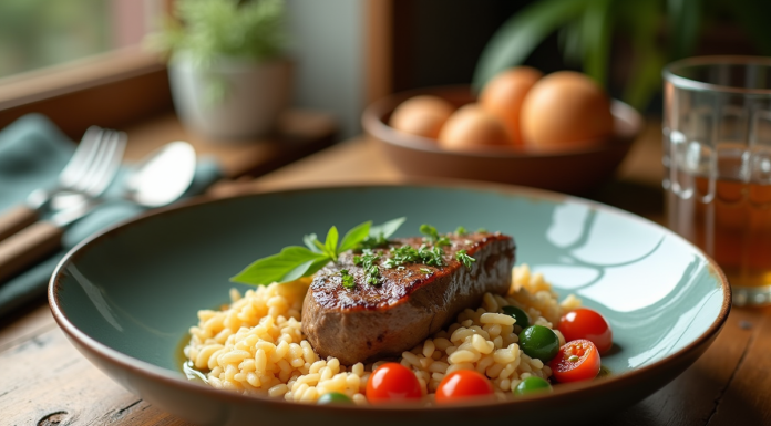Veau blanquette présentée sur une table en bois rustique