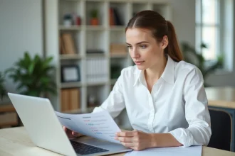 Femme professionnelle analysant des documents de vérification de fiabilité sur un ordinateur portable au bureau
