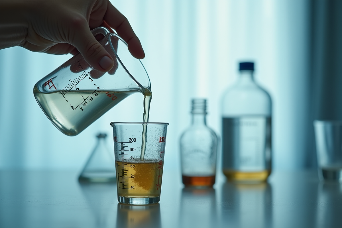 Verser liquide dans un verre mesureur avec graduation