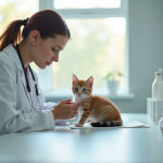 Vétérinaire examinant un chaton calme dans une clinique lumineuse