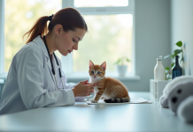 Vétérinaire examinant un chaton calme dans une clinique lumineuse