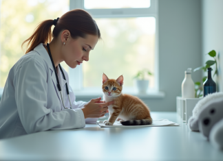 Les questions fréquentes sur la stérilisation des chatons Vétérinaire examinant un chaton calme dans une clinique lumineuse