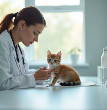 Vétérinaire examinant un chaton calme dans une clinique lumineuse