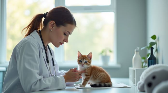 Vétérinaire examinant un chaton calme dans une clinique lumineuse