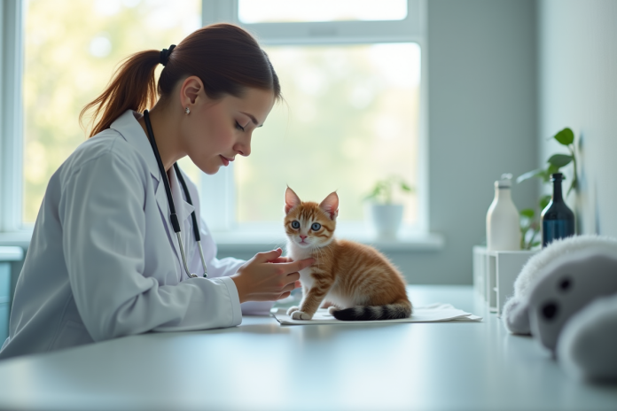 Vétérinaire examinant un chaton calme dans une clinique lumineuse