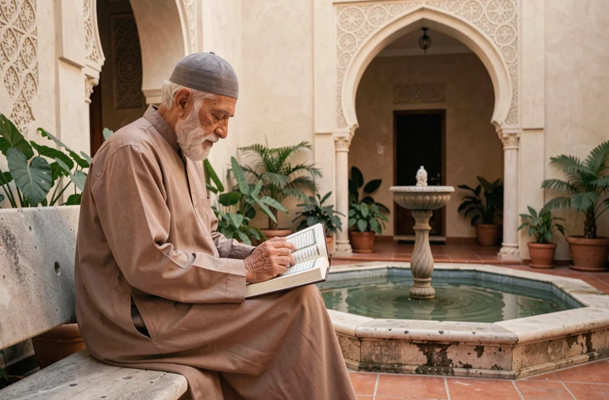 Vieil homme lisant le Coran dans la cour d'une mosquée, évoquant la sérénité et la confiance en Allah